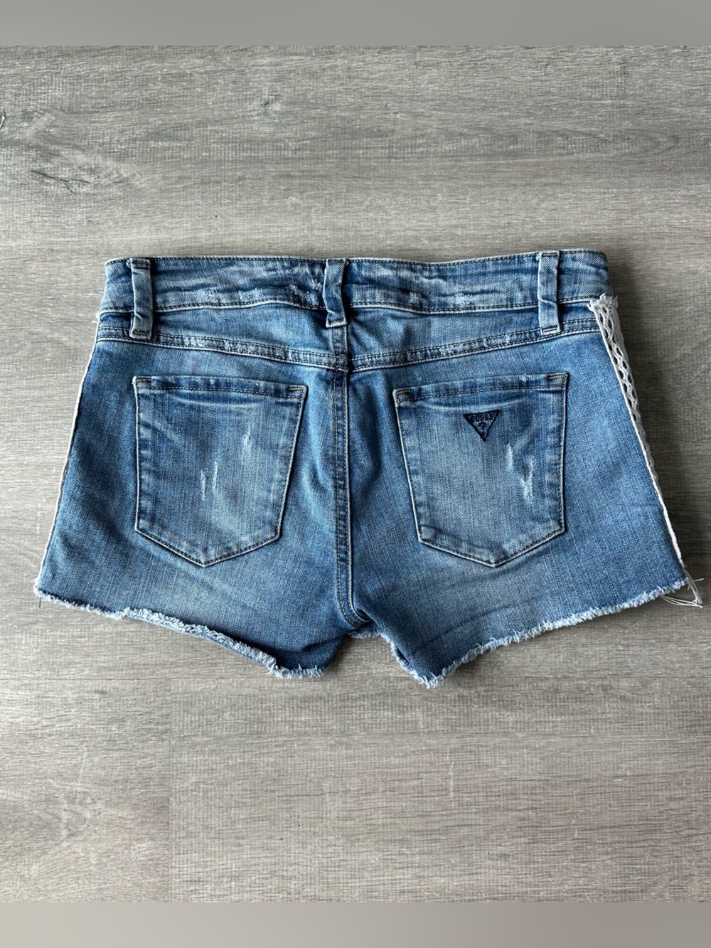 Guess Denim Blue Distressed Crochet-Trim Mini Denim Shorts Mid - Low rise